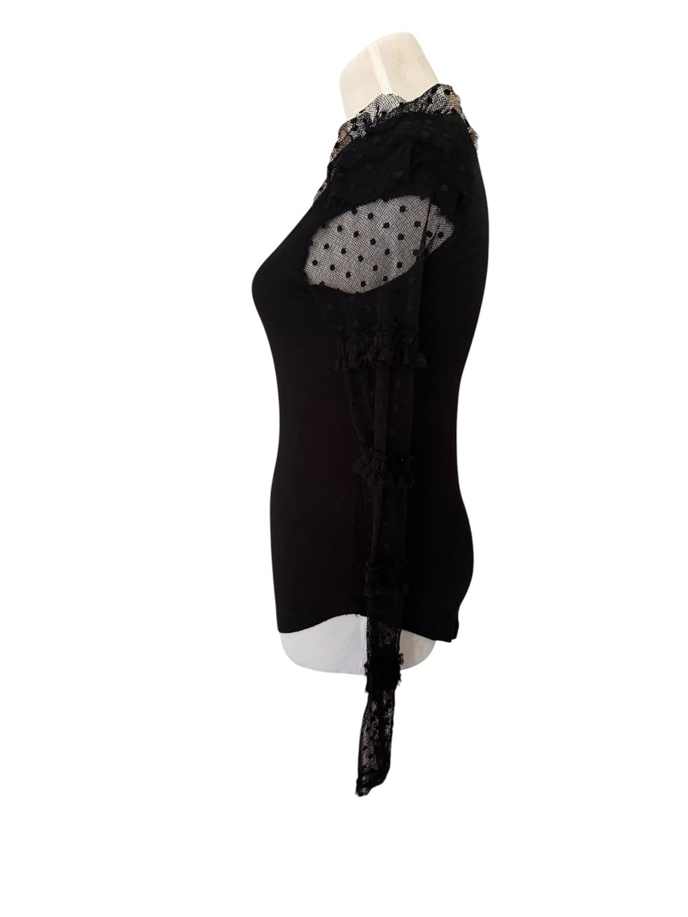 Free People "Kiss Kiss" Black Mesh Ruffle Long Sleeve Top - Picture 3 of 6